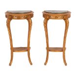 A pair of French carved giltwood demi lune console tables:, each with a green variegated marble top,