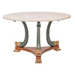 A Contemporary carved and decorated circular centre table in the Regency manner:,
