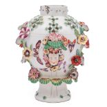 A Derby pot-pourri frill vase: with pierced upper body and applied with two mask heads and flowers