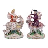 A pair of Derby figures of the Welsh Tailor and his wife: of traditional form,