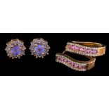 A pair of pink sapphire and diamond earrings:,