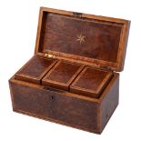 A 19th century yew wood and cross banded tea caddy: of rectangular outline,