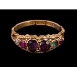 A 15 carat gold multi gem set 'regard' ring,: the acrostic design set with two square cut rubies,