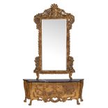 A carved and giltwood and marble mounted console with mirror, in Louis XIV style,