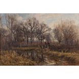 Walter Goldsmith [1857-1943]- Figures on a wooded footbridge,:- signed and dated 1887 oil on canvas,