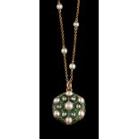 A pearl, diamond and enamel pendant,