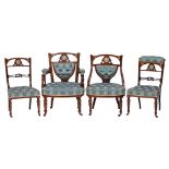 An Edwardian rosewood, inlaid and ceramic mounted four piece salon suite:,