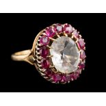 A rock crystal and ruby cluster ring,