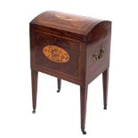 A George III mahogany and inlaid domed trunk shaped decanter box:,