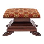 A Victorian mahogany square footstool:, with a stuff over seat in gros-point needlework,