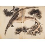 A large Japanese woodblock print in four parts: depicting flying pheasants,