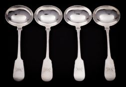 A set of four Victorian provincial silver Fiddle pattern sauce ladles, maker Reid & Sons, Newcastle,