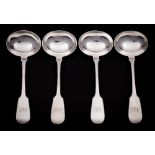 A set of four Victorian provincial silver Fiddle pattern sauce ladles, maker Reid & Sons, Newcastle,