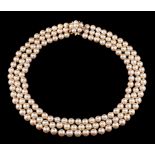 A French cultured pearl and diamond necklace by Serge Bouder,: the three row necklace set with 7.