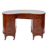 An Edwardian mahogany and chequer banded kidney shaped desk, in Sheraton style, early 20th century,