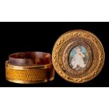 A 19th century tortoiseshell and gold mounted, pill box: of circular outline,