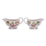 A pair of Derby 'cotton-stem' sauceboats: each with gadrooned rim and angular foot,