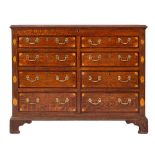 A George III oak, walnut crossbanded and marquetry mule chest, late 18th century,