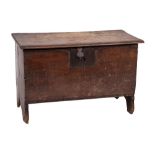 An early 18th Century oak rectangular coffer:, of small size and plank construction,
