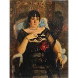 Russian School early 20th Century- Fashionable lady seated in an exotic interior with carved ebony