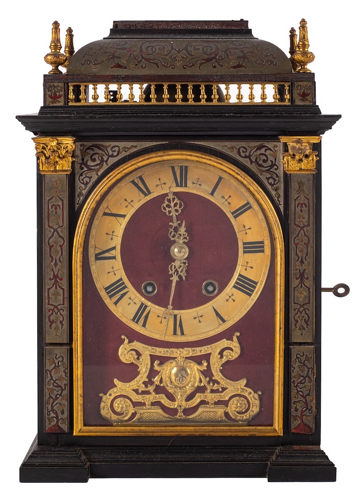 An early Victorian French ebonised and contra-boulle mantel clock: the eight-day duration movement