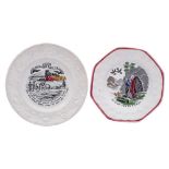 Two mid 19th century pottery nursery plates: decorated with enamelled transfer prints 'Poor