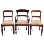 A set of six Victorian dining chairs:, the open backs with shaped horizontal splats,