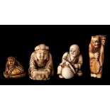 Three Japanese carved ivory netsuke depicting street merchants: together with another ivory netsuke