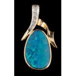 A 14 carat gold boulder opal and diamond pendant,: the oval shaped boulder opal in a collet setting,