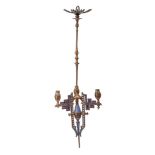 A 19th century French brass and champlevé three-branch ceiling light: with urn-shaped sconces on