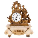 A gilt-metal and white onyx mantel clock: having an eight-day duration timepiece movement with the