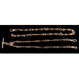 A 9 carat gold Albert chain,: composed of trombone and belcher links, with a T bar, stamped 375,