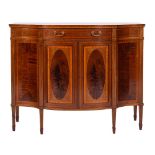 By Maple & Co Ltd An Edwardian mahogany and inlaid serpentine fronted display cabinet:,
