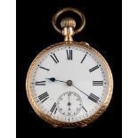 A 14 carat gold pocket watch,: the white enamel dial with black Roman numerals,