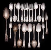 A matched silver Kings pattern part flatware service, various makers and dates: includes,