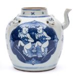 A Chinese blue and white 'boys and lotus' wine ewer: with short scroll spout and four animal head