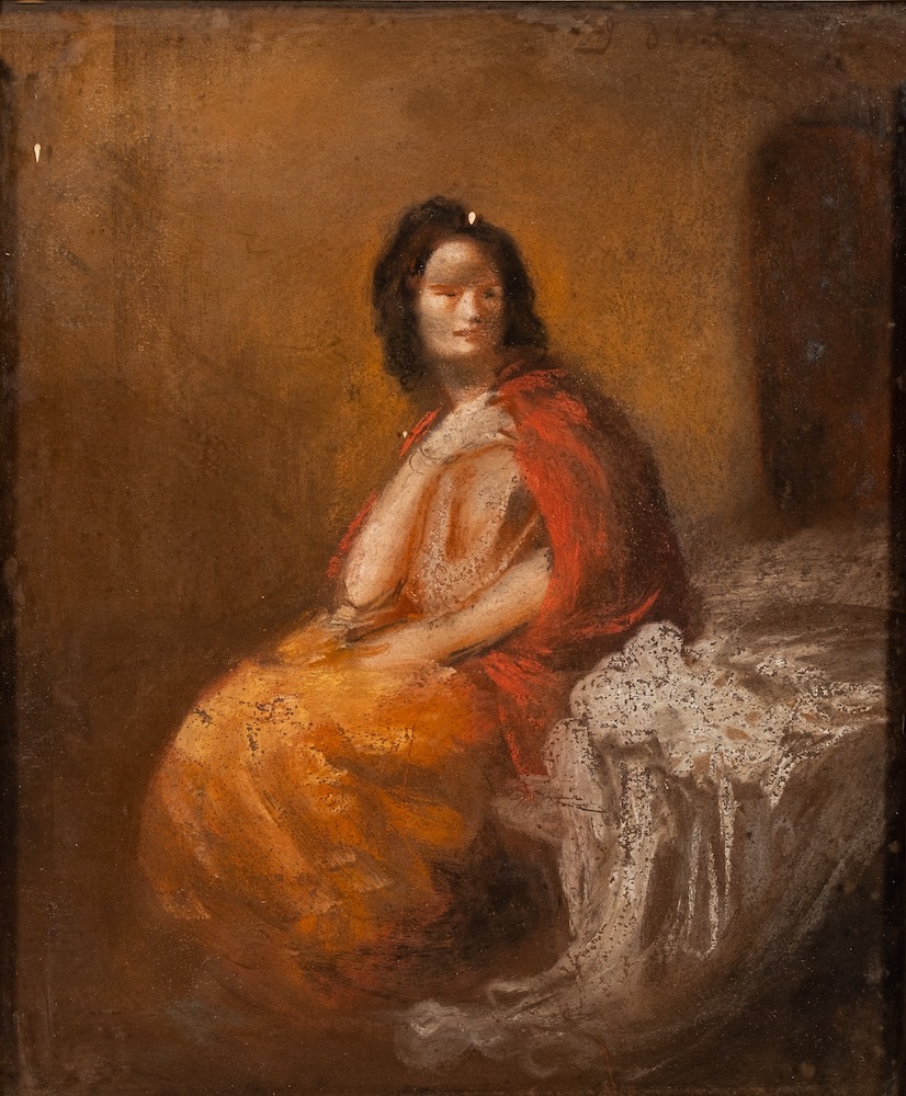* Augustus John [1878-1961]- Woman seated, wearing a red gown,:- signed top right, pastel drawing,