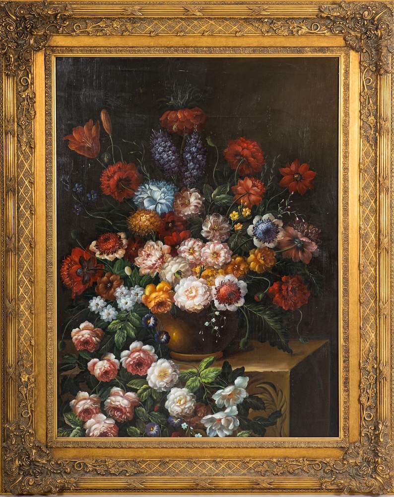 Manner of J D de Heem [21st Century]- Still life of exotic flowers on a pedestal,:- on canvas,