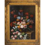 Manner of J D de Heem [21st Century]- Still life of exotic flowers on a pedestal,:- on canvas,