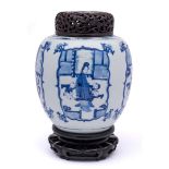 A Chinese blue and white 'Sixteen Sons' ovoid jar: painted with four lotus-tied cusped panels each