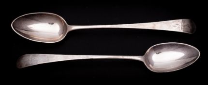 A pair of George III silver Old English pattern serving spoons, maker Hester Bateman, London,