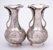 A pair of Chinese silver vases, stamped marks: bears Chinese inscription, of ovoid outline,