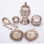 A mixed collection of silver, various makers and dates: includes a sugar caster, two leaf dishes,