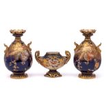 A pair of early Royal Crown Derby two-handled vases and a similar urn: painted in cobalt blue,