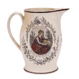A Liverpool creamware baluster jug: transfer printed and enamelled with a ship portrait,