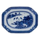 A Chinese blue and white octagonal dish: painted with a traditional lake landscape within composite