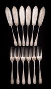 A set of six George V silver fish knives and six matching forks, maker Sutherland & Roden,