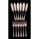 A set of six George V silver fish knives and six matching forks, maker Sutherland & Roden,