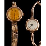 A 9 carat gold wristwatch,: the dial with black Arabic numerals and moon hands,