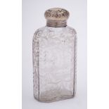 A 19th century Continental clear glass and silver mounted flask: of rectangular outline with canted